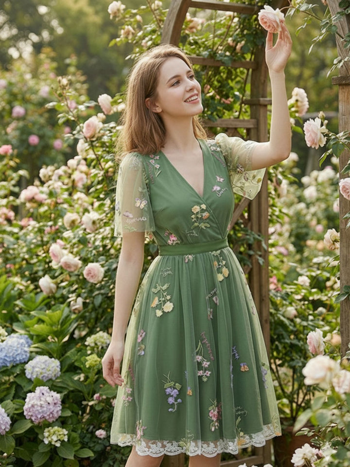 Green 1950s Floral Puff Sleeve Mesh Embroidered Dress - vintage dress, retro fashion, rockabilly