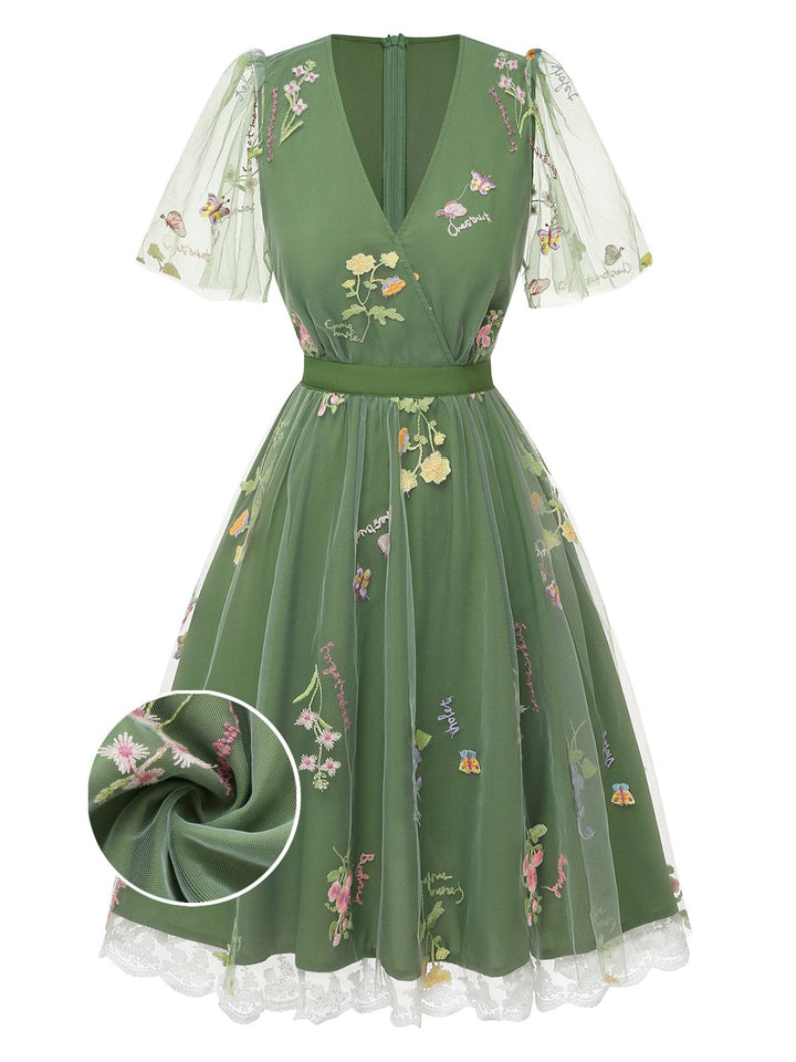 Green 1950s Floral Puff Sleeve Mesh Embroidered Dress - vintage dress, retro fashion, rockabilly