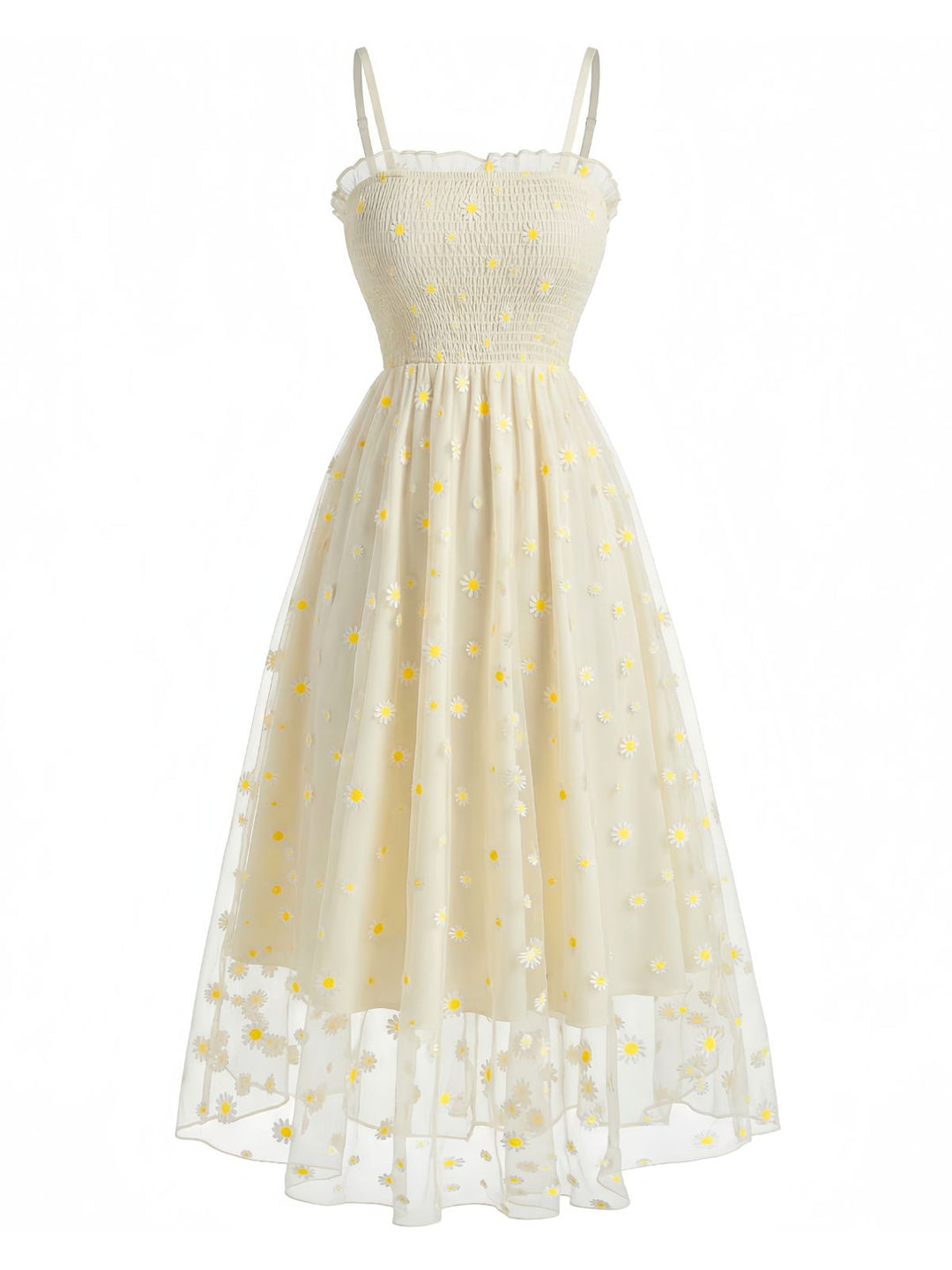 Light Yellow 1950s Daisy Embroidered Smocked Tulle Midi Dress - vintage dress, retro fashion, rockabilly