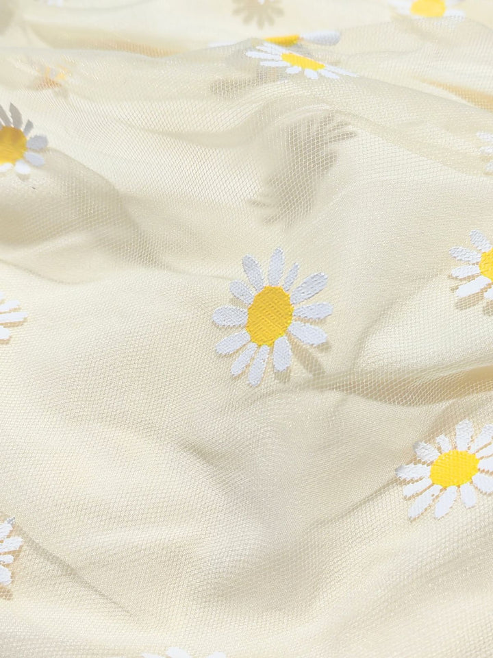 Light Yellow 1950s Daisy Embroidered Smocked Tulle Midi Dress - vintage dress, retro fashion, rockabilly