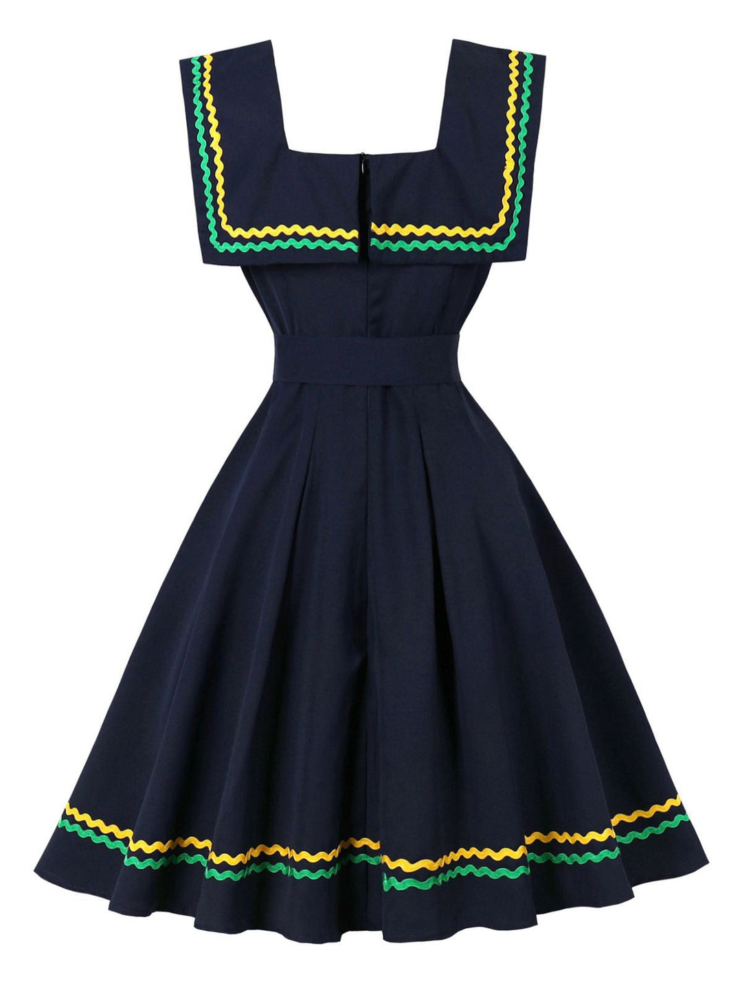 Navy Blue 1950s Square Neck Wavy Striped Sleeveless Dress - vintage dress, retro fashion, rockabilly