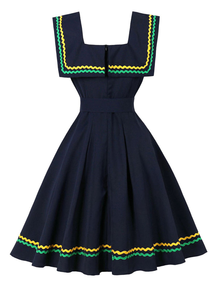 Navy Blue 1950s Square Neck Wavy Striped Sleeveless Dress - vintage dress, retro fashion, rockabilly