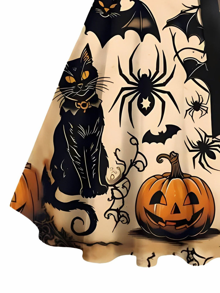Orange 1950s Halloween Pumpkin Cat Bat Print Swing Dress - vintage dress, retro fashion, rockabilly
