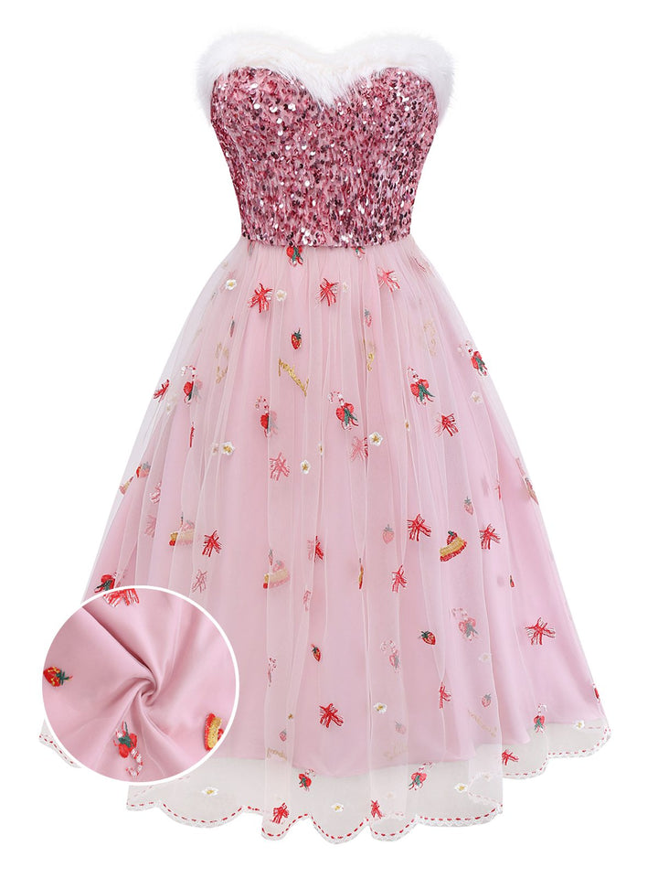 Pink 1950s Christmas Furry Strapless Sequined Mesh Dress - vintage dress, fashion, rockabilly