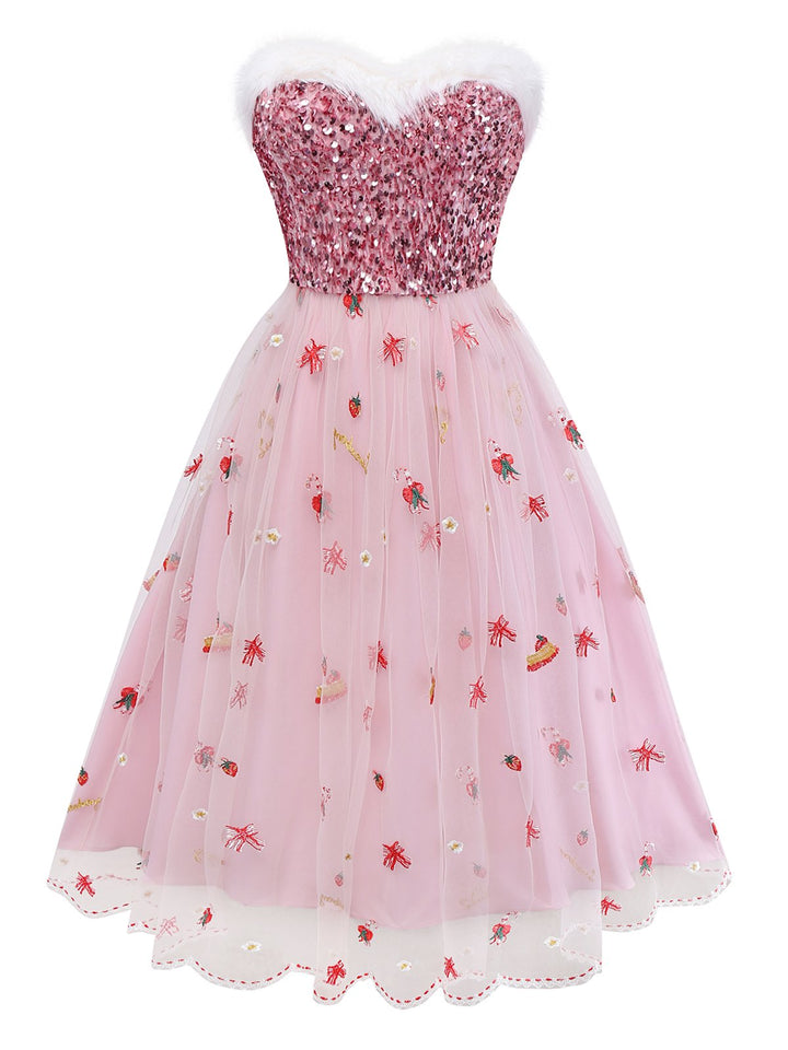 Pink 1950s Christmas Furry Strapless Sequined Mesh Dress - vintage dress, fashion, rockabilly
