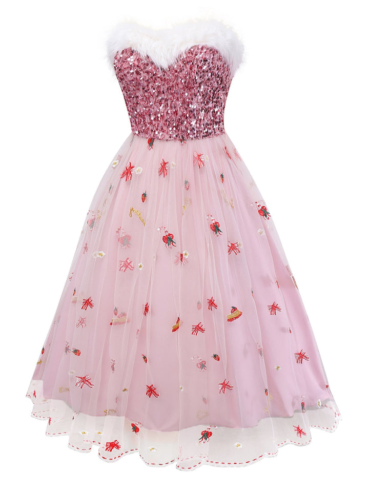 Pink 1950s Christmas Furry Strapless Sequined Mesh Dress - vintage dress, fashion, rockabilly