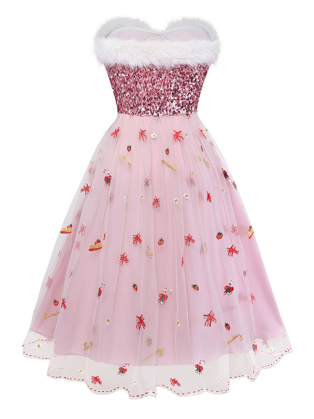 Pink 1950s Christmas Furry Strapless Sequined Mesh Dress - vintage dress, fashion, rockabilly