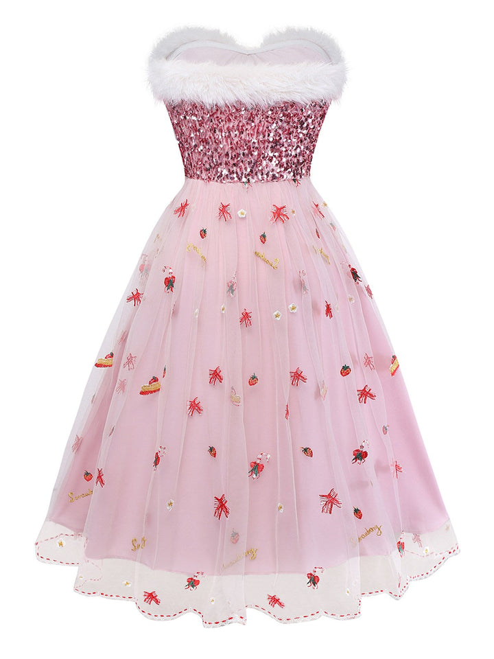 Pink 1950s Christmas Furry Strapless Sequined Mesh Dress - vintage dress, fashion, rockabilly