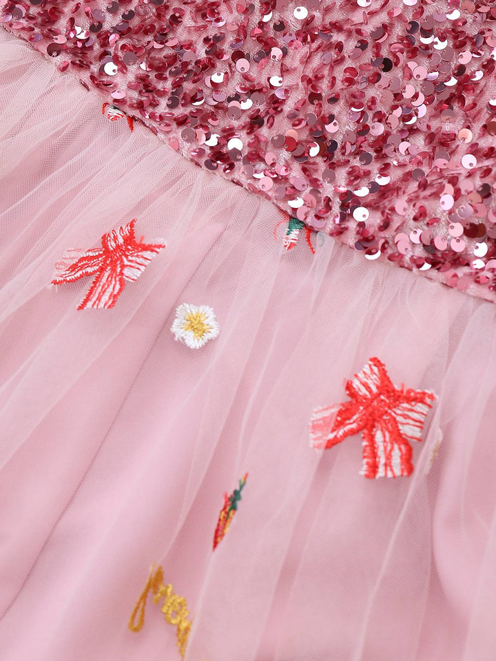 Pink 1950s Christmas Furry Strapless Sequined Mesh Dress - vintage dress, fashion, rockabilly