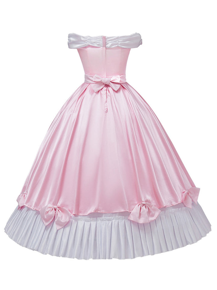 Pink 1950s Off-Shoulder Pleated Satin Bow Princess Dress - vintage dress, retro fashion, rockabilly