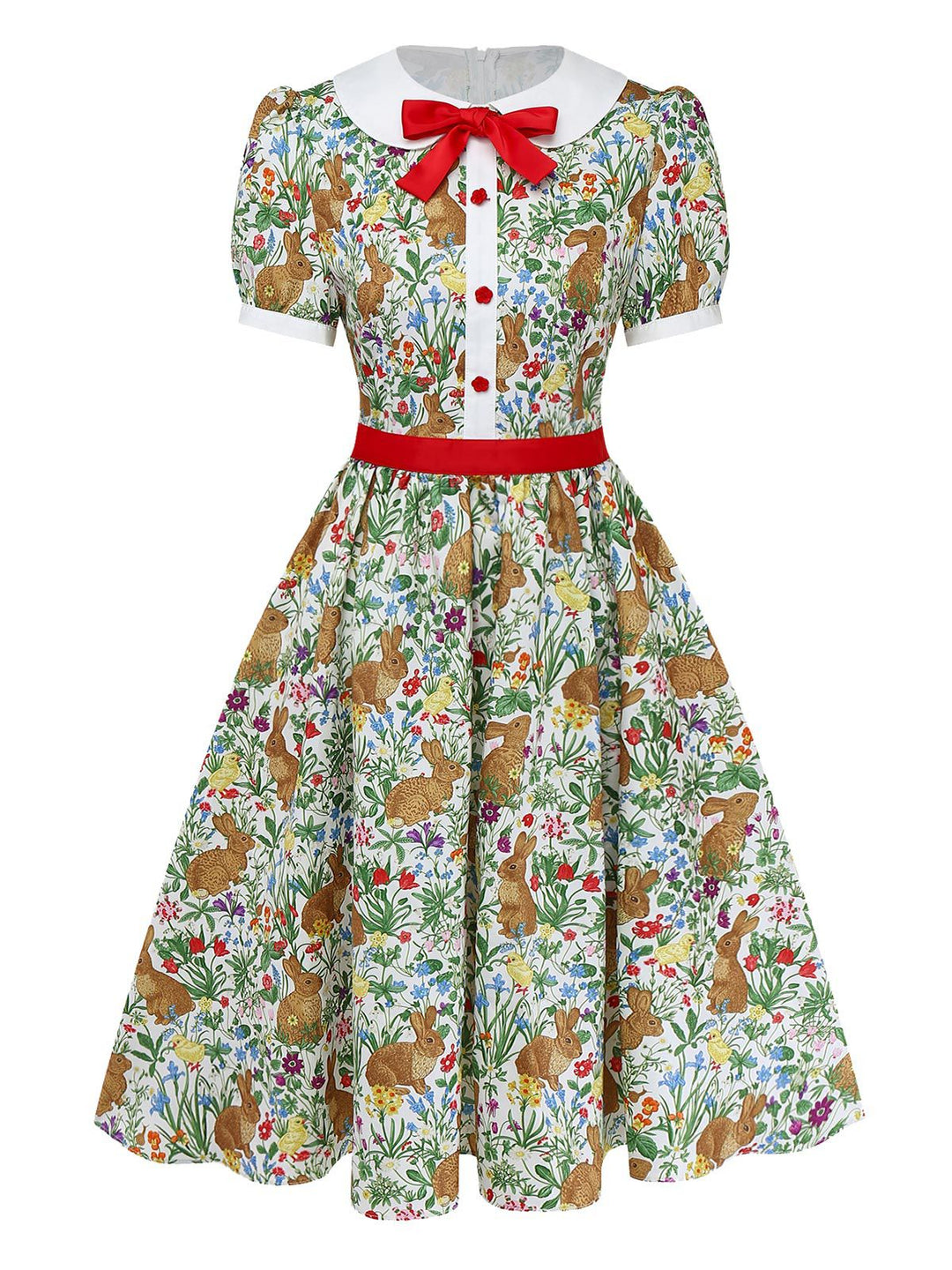 1950s Rabbit Floral Button Bow Peter Pan Collar Dress - vintage dress, retro fashion, rockabilly