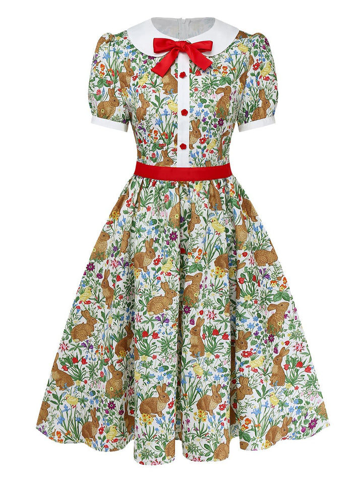 1950s Rabbit Floral Button Bow Peter Pan Collar Dress - vintage dress, retro fashion, rockabilly