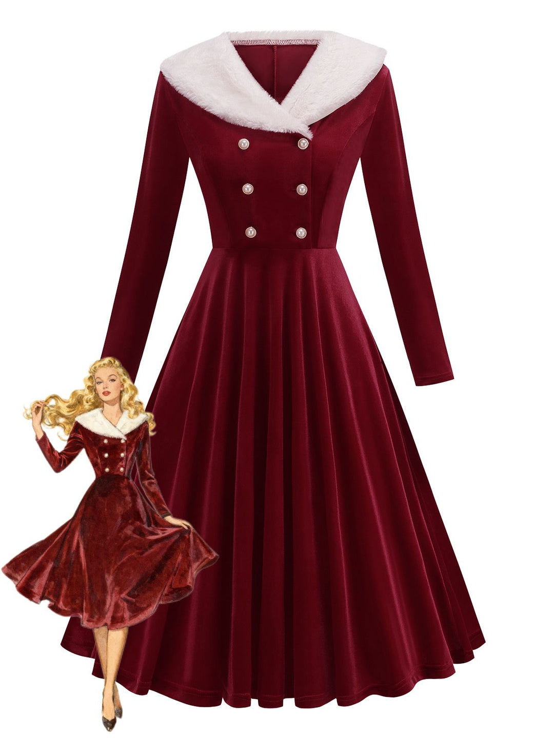 Red 1950s Christmas Velvet Santa Fur Collar Pearl Dress - vintage dress, fashion, rockabilly