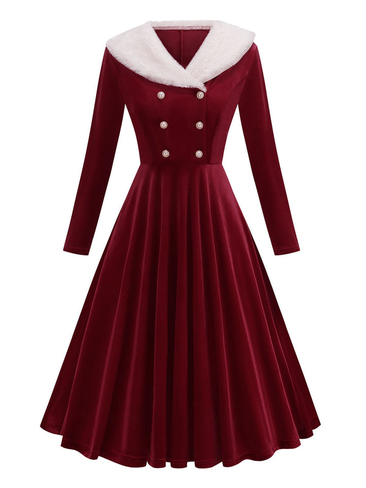 Red 1950s Christmas Velvet Santa Fur Collar Pearl Dress - vintage dress, fashion, rockabilly