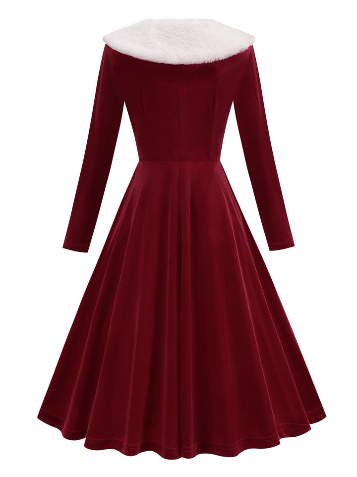Red 1950s Christmas Velvet Santa Fur Collar Pearl Dress - vintage dress, fashion, rockabilly