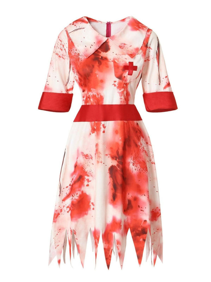 Red 1950s Halloween Zombie Nurse Blood Stains Dress - vintage dress, retro fashion, rockabilly