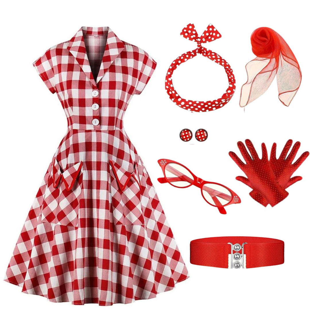 Red White 1950s Pockets Plaid Dress With Accessories Set - vintage dress, retro fashion, rockabilly