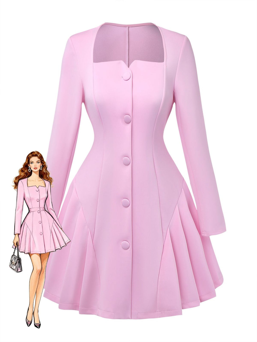 1950s Sweetheart Neck Long Sleeve Solid Pleated Dress - vintage dress, retro fashion, rockabilly
