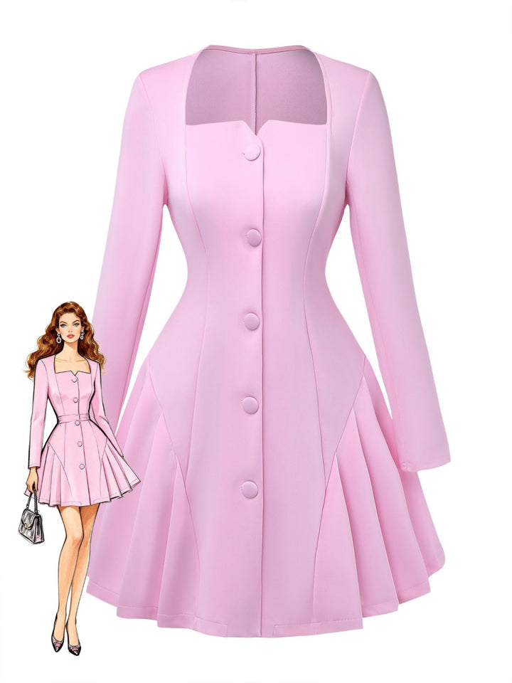 1950s Sweetheart Neck Long Sleeve Solid Pleated Dress - vintage dress, retro fashion, rockabilly