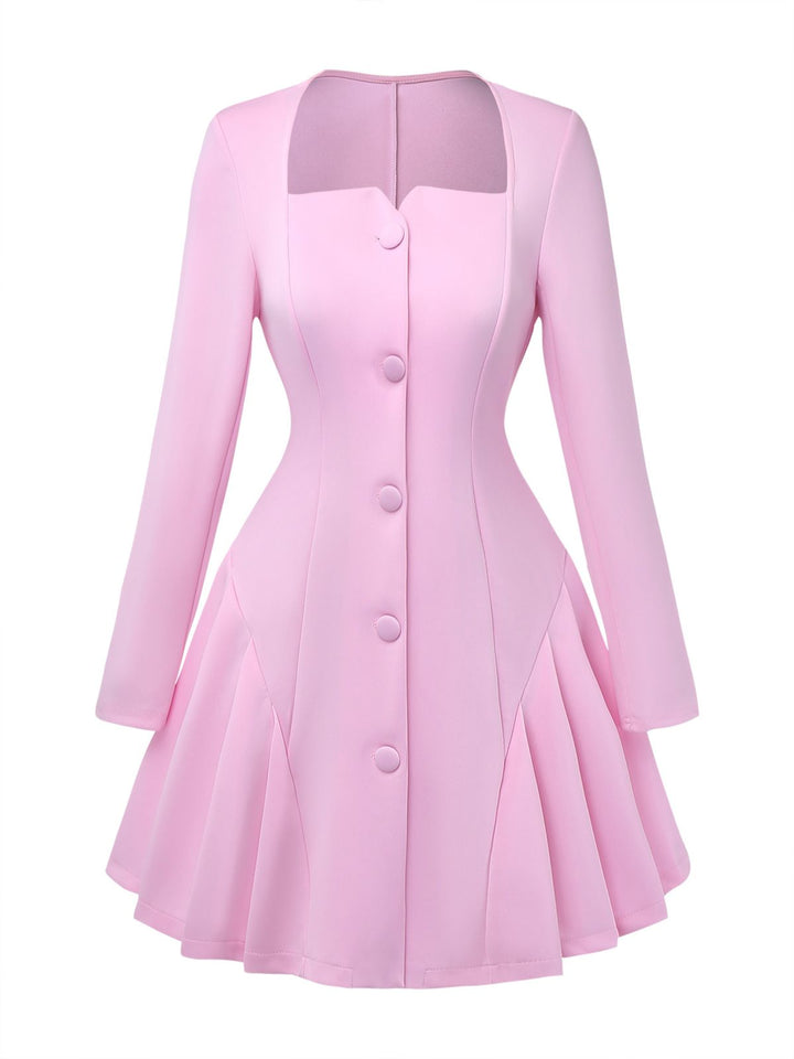 1950s Sweetheart Neck Long Sleeve Solid Pleated Dress - vintage dress, retro fashion, rockabilly