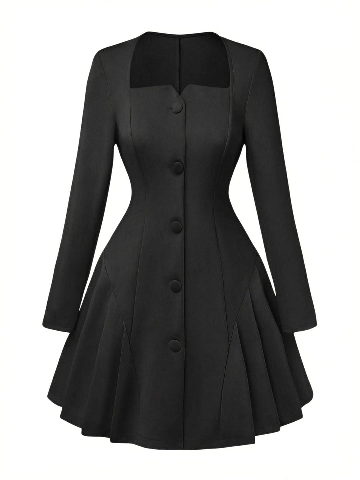 1950s Sweetheart Neck Long Sleeve Solid Pleated Dress - vintage dress, retro fashion, rockabilly