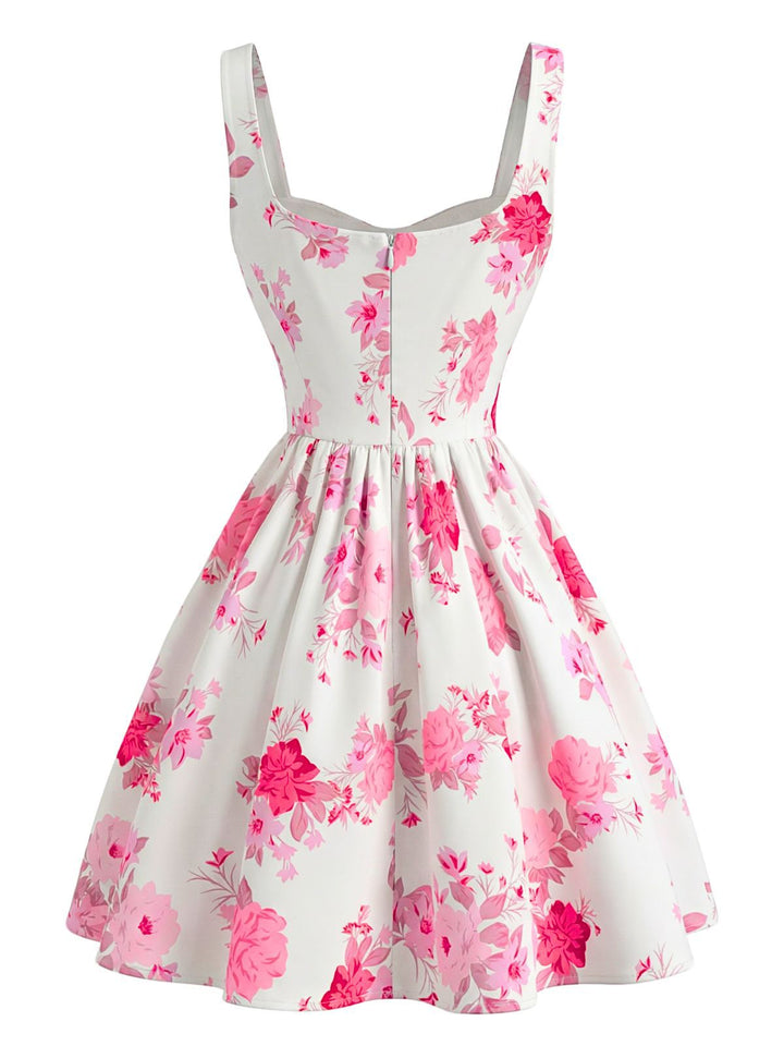White 1950s Pink Floral Square-Neck Sleeveless Mini Dress - vintage dress, retro fashion, rockabilly