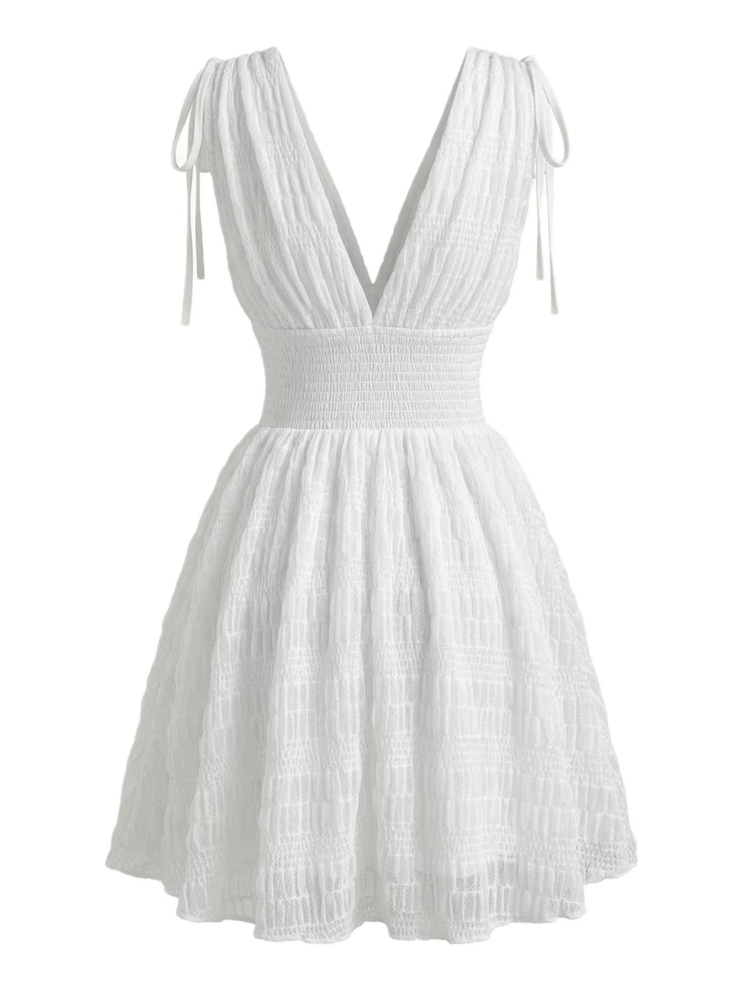 White 1950s Plunging Smocked Waist Textured Sleeveless Dress - vintage dress, retro fashion, rockabilly