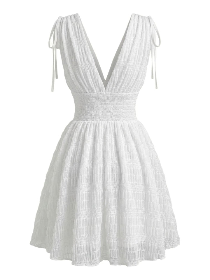 White 1950s Plunging Smocked Waist Textured Sleeveless Dress - vintage dress, retro fashion, rockabilly