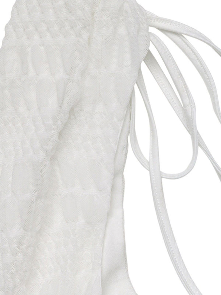 White 1950s Plunging Smocked Waist Textured Sleeveless Dress - vintage dress, retro fashion, rockabilly