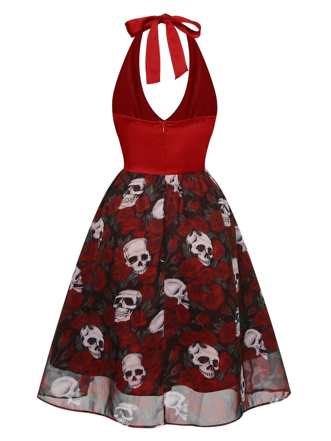 Wine Red 1950s Halter Haloween Roses Skeleton Mesh Dress - vintage dress, retro fashion, rockabilly