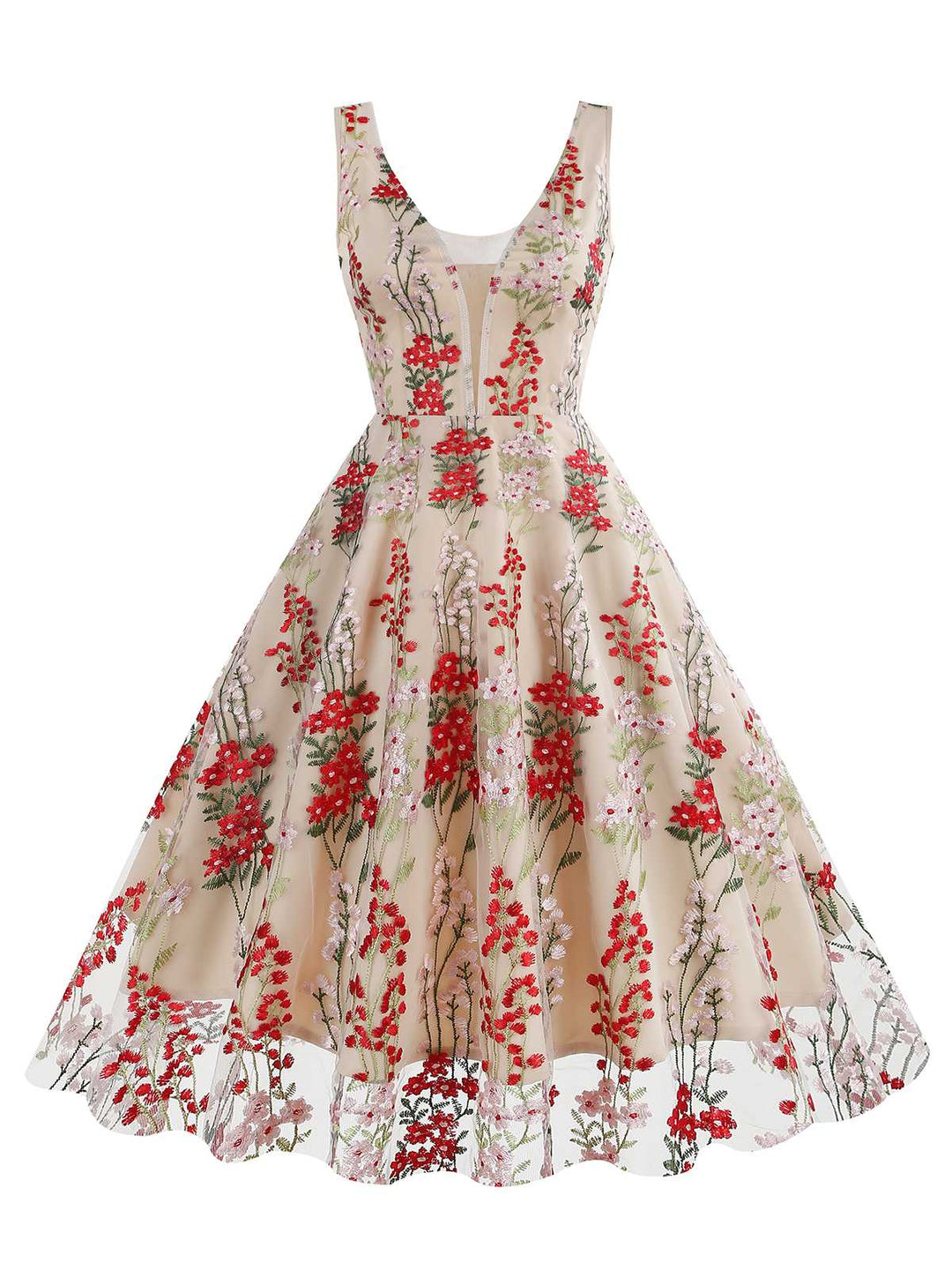 1950s Embroidered Floral V-Neck Swing Dress: timeless style reimagined