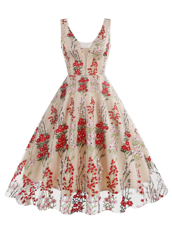 1950s Embroidered Floral V-Neck Swing Dress: timeless style reimagined