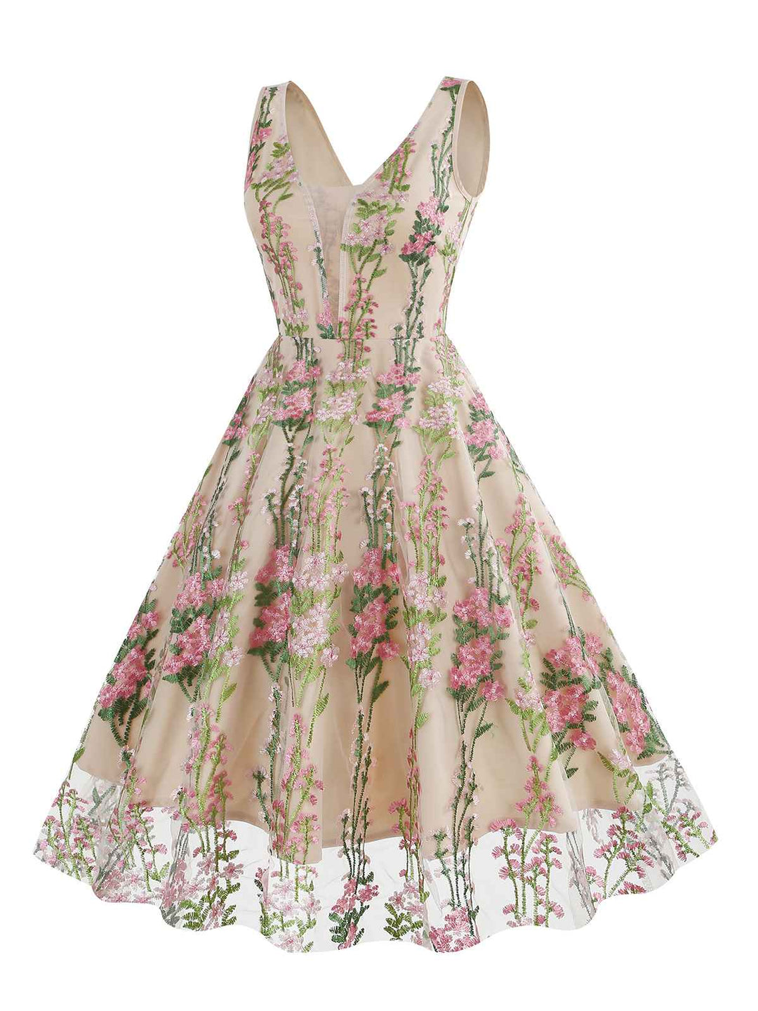 1950s Embroidered Floral V-Neck Swing Dress — vintage elegance for the modern woman