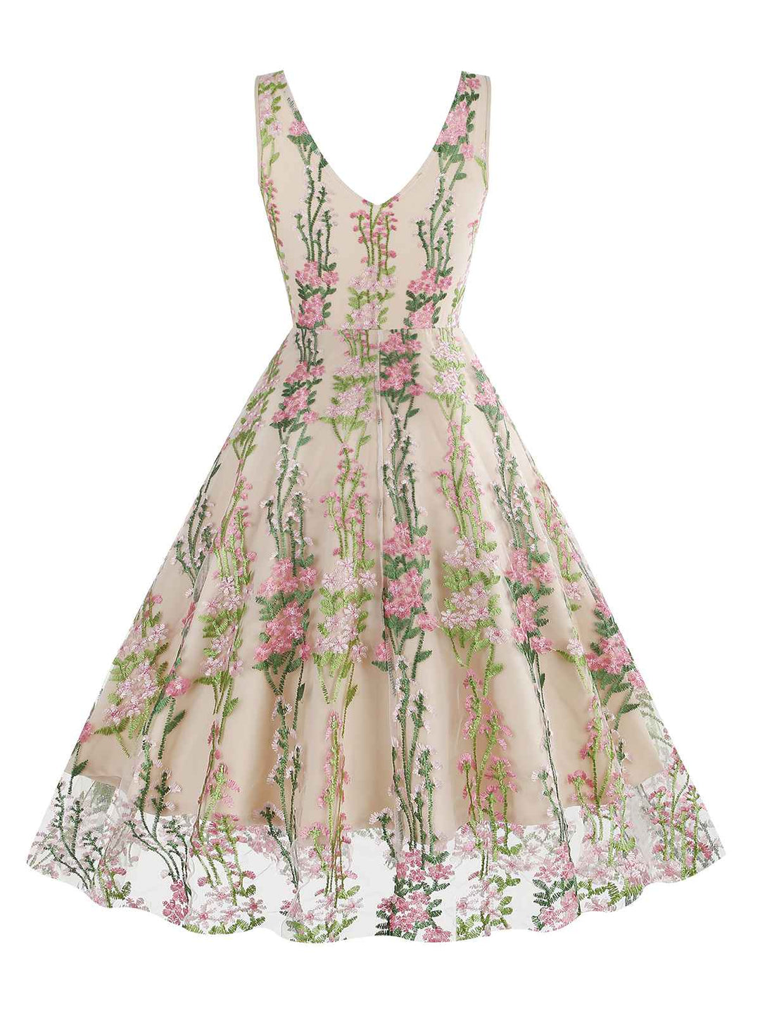 1950s Embroidered Floral V-Neck Swing Dress: timeless style reimagined