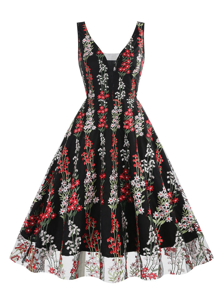 1950s Embroidered Floral V-Neck Swing Dress — vintage elegance for the modern woman