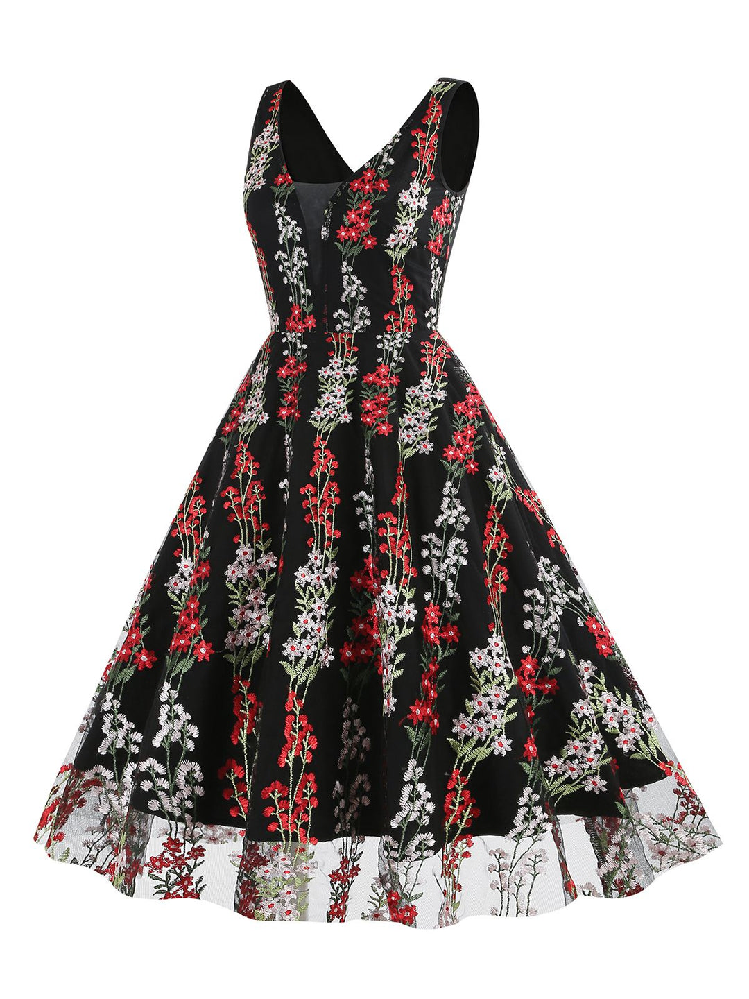 1950s Embroidered Floral V-Neck Swing Dress: timeless style reimagined