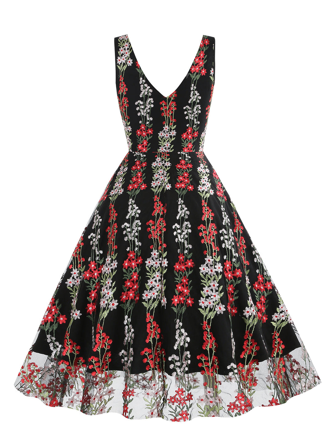 1950s Embroidered Floral V-Neck Swing Dress — vintage elegance for the modern woman