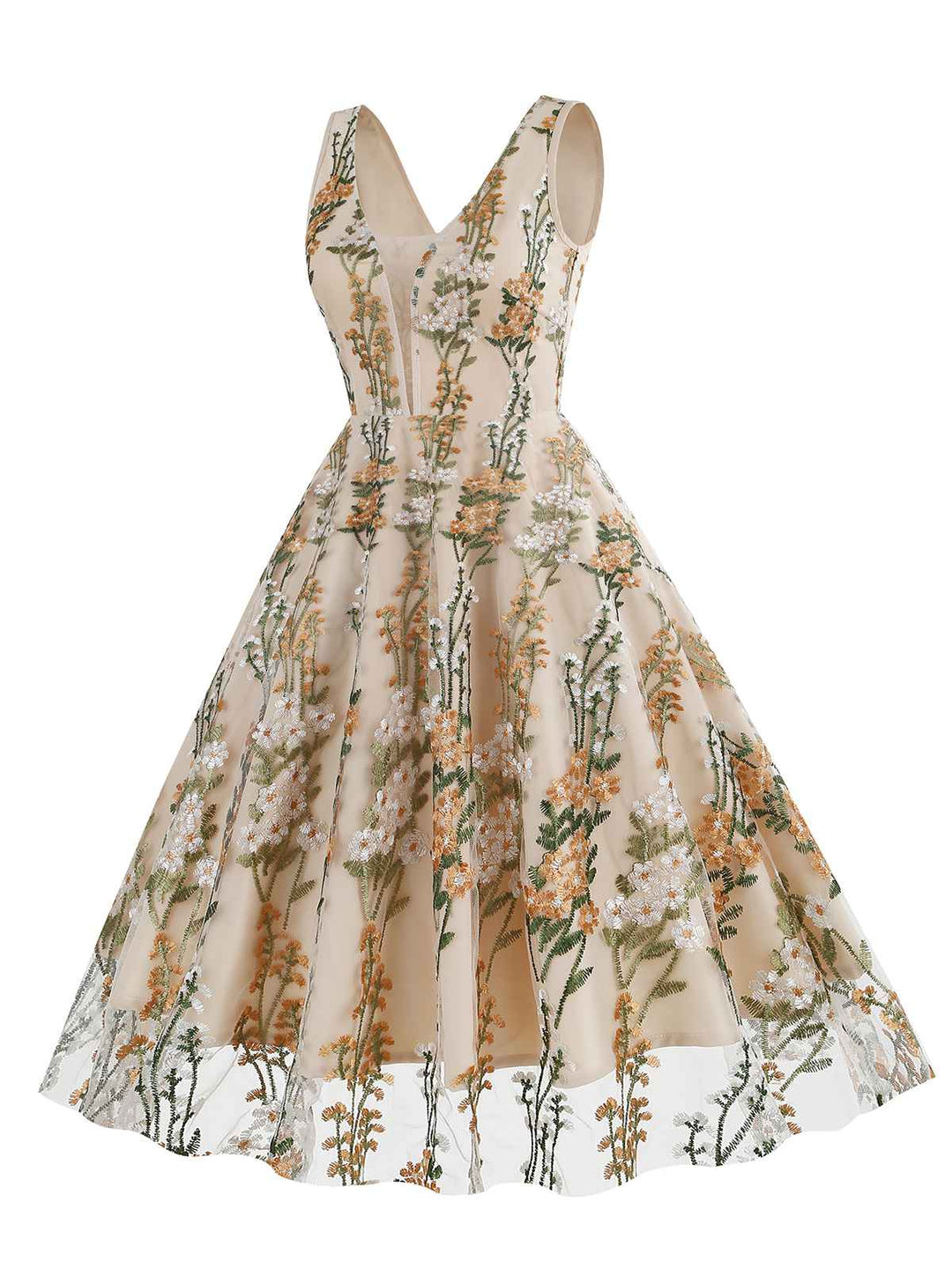She slips into this 1950s Embroidered Floral V-Neck Swing Dress and suddenly it&