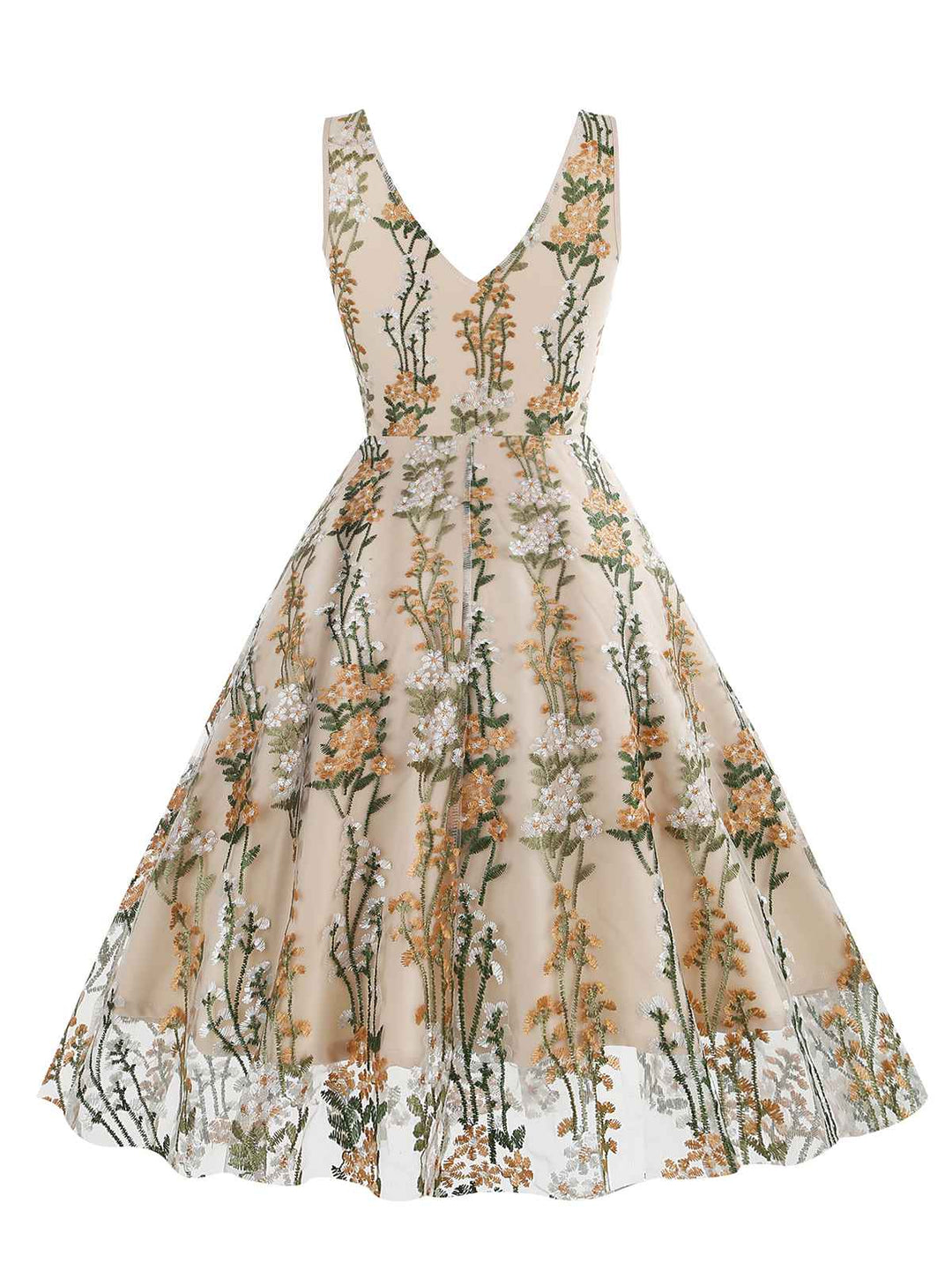 1950s Embroidered Floral V-Neck Swing Dress: timeless style reimagined