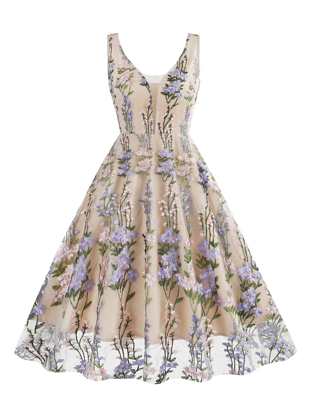 1950s Embroidered Floral V-Neck Swing Dress — vintage elegance for the modern woman