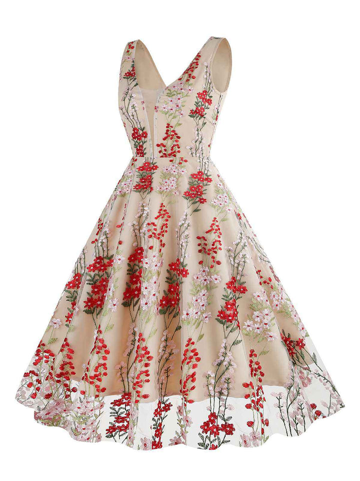 1950s Embroidered Floral V-Neck Swing Dress — vintage elegance for the modern woman