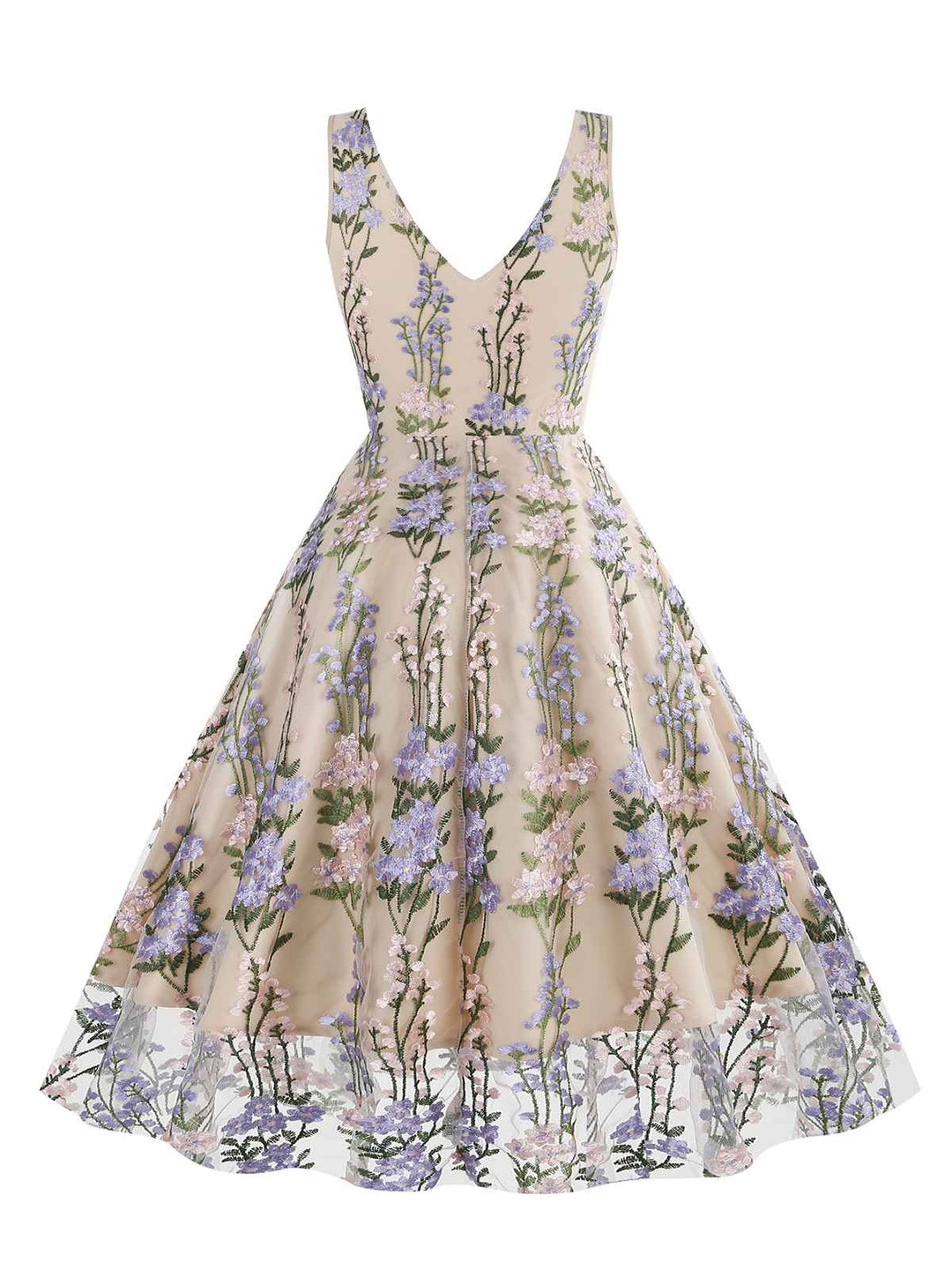 1950s Embroidered Floral V-Neck Swing Dress — vintage elegance for the modern woman
