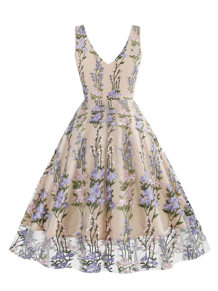 1950s Embroidered Floral V-Neck Swing Dress — vintage elegance for the modern woman