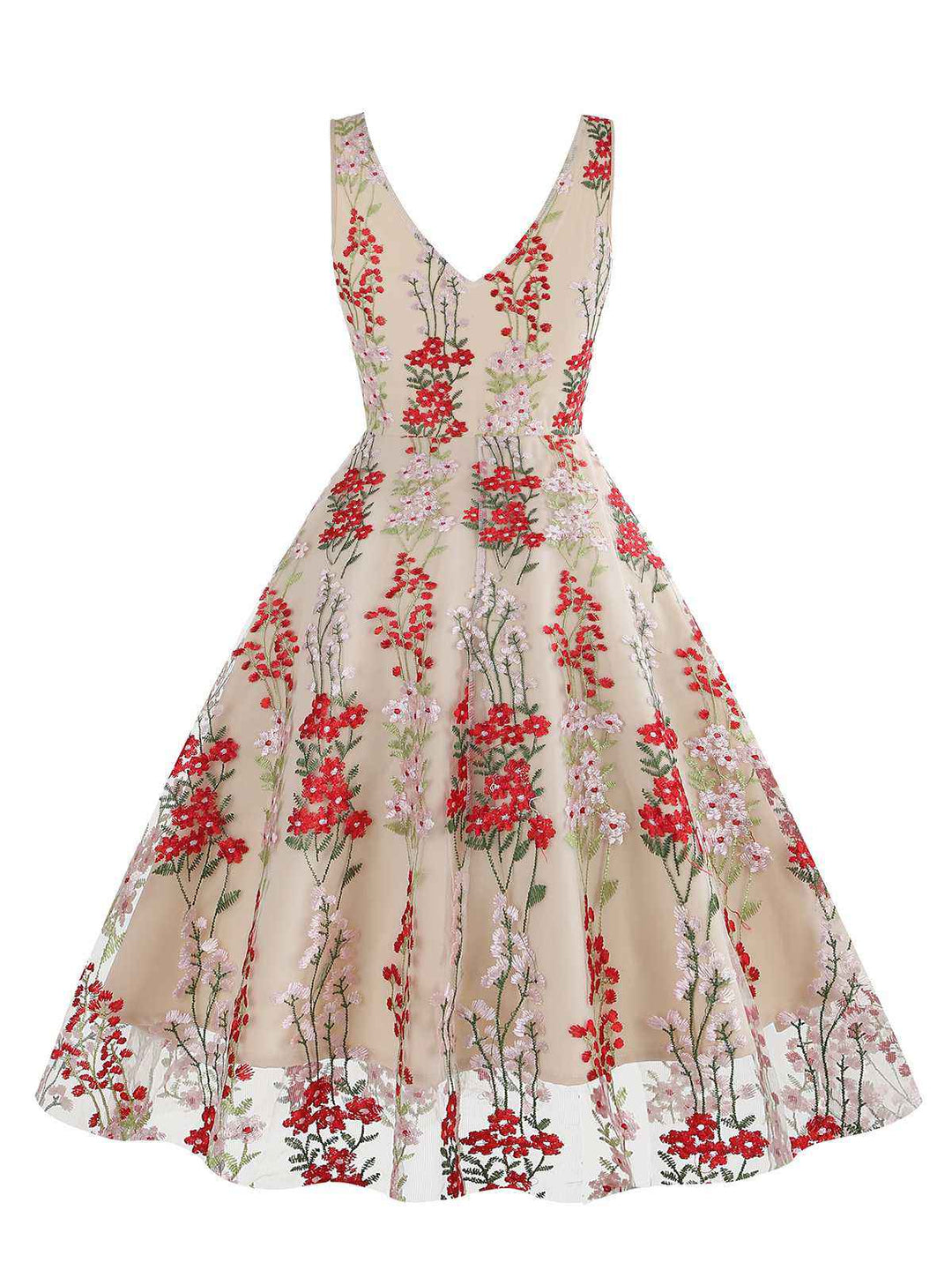 1950s Embroidered Floral V-Neck Swing Dress: timeless style reimagined