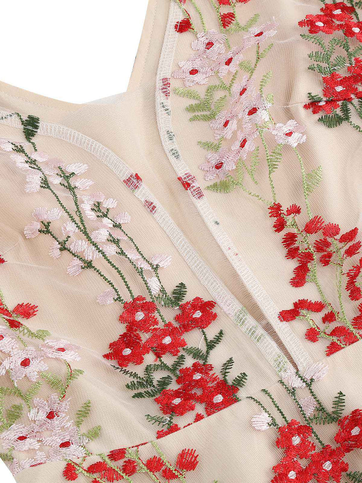 1950s Embroidered Floral V-Neck Swing Dress: timeless style reimagined