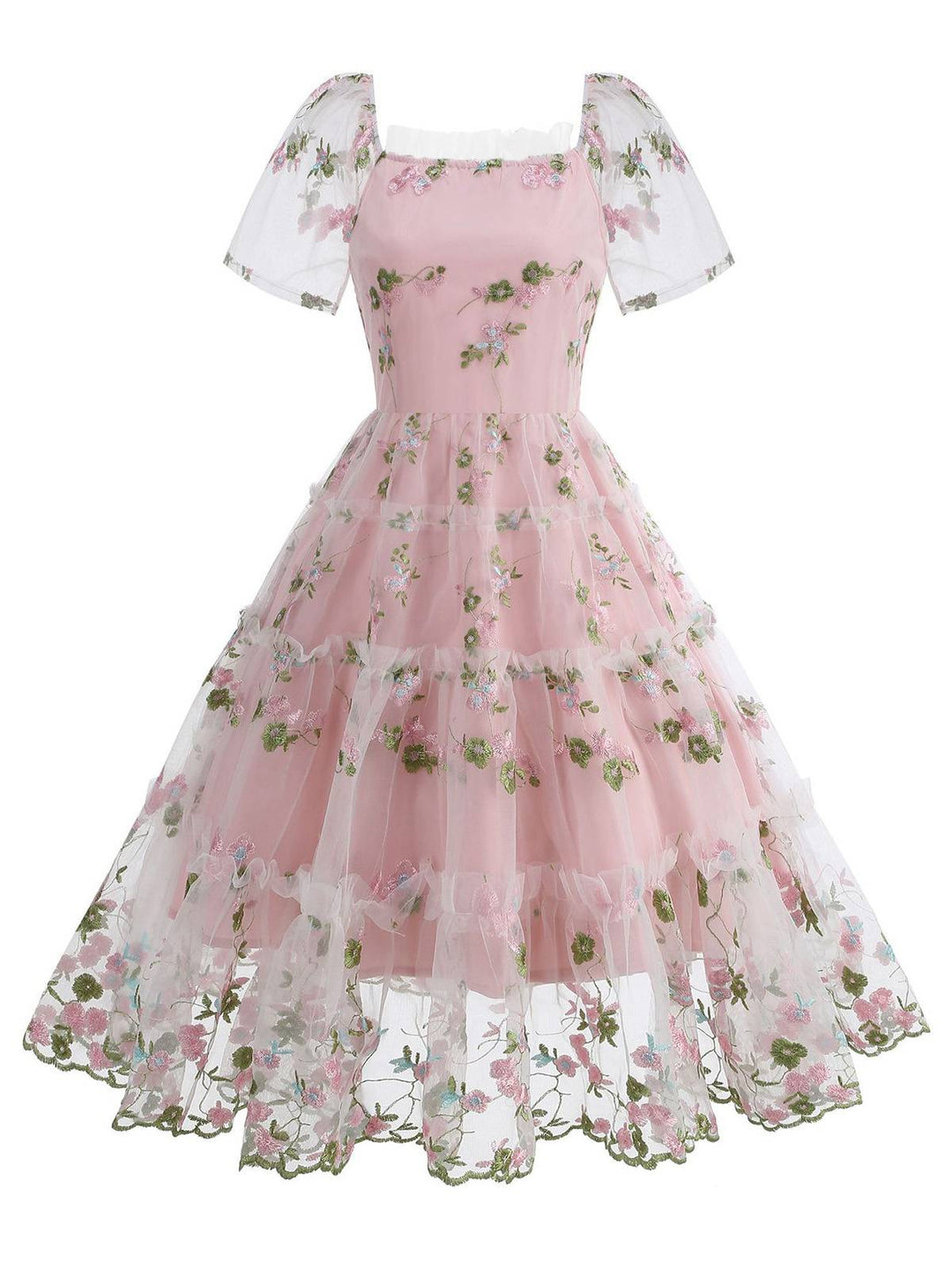 1950s Embroidered Flowers Mesh Puff Sleeve Dress - vintage dress, retro fashion, rockabilly