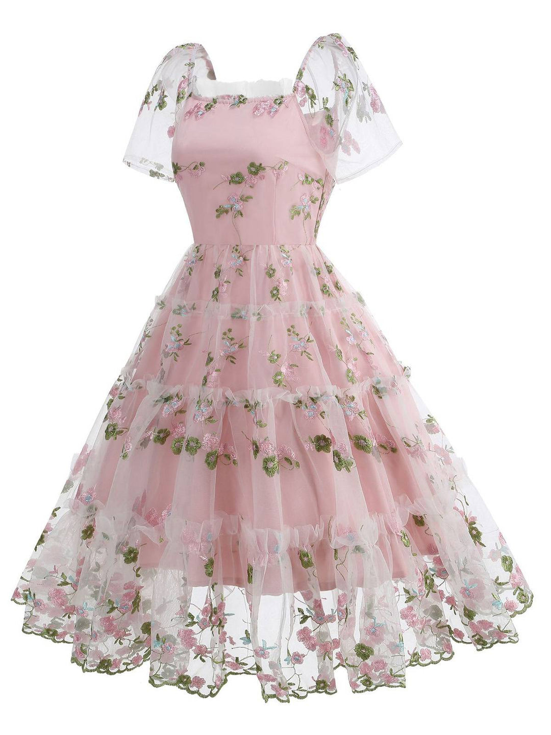 1950s Embroidered Flowers Mesh Puff Sleeve Dress - vintage dress, retro fashion, rockabilly