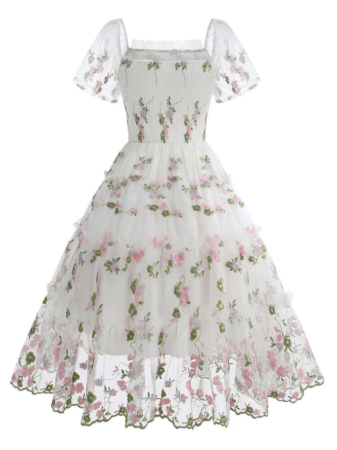 1950s Embroidered Flowers Mesh Puff Sleeve Dress - vintage dress, retro fashion, rockabilly