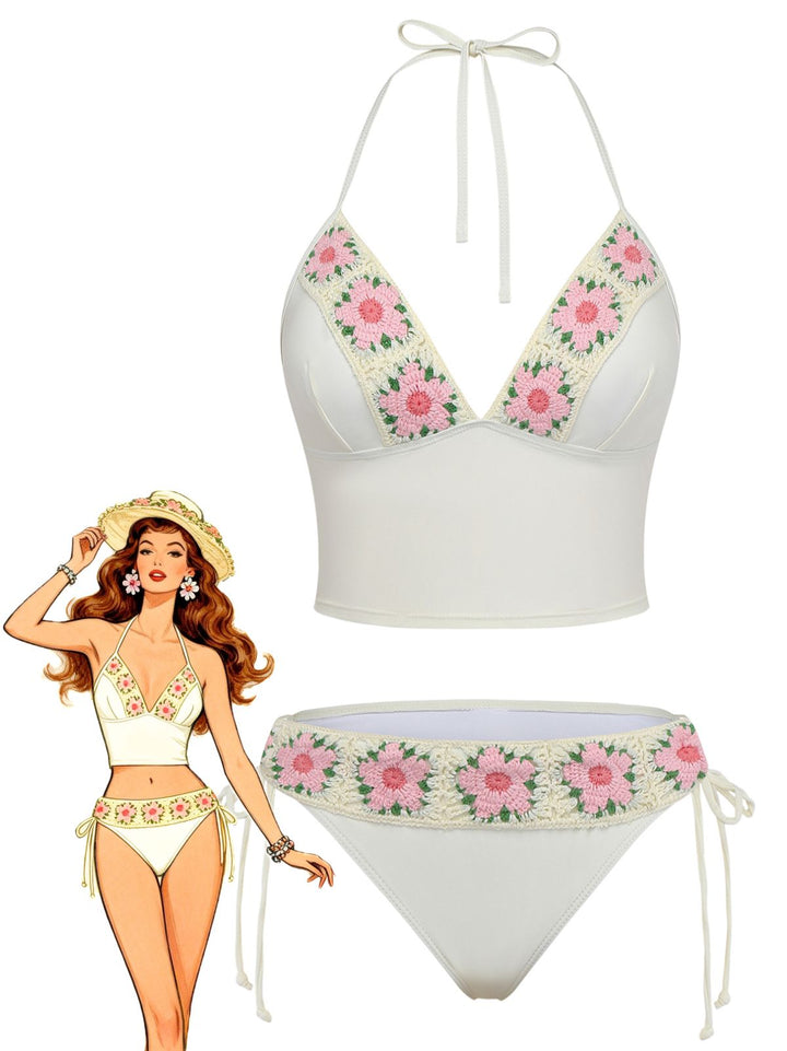 1950s Embroidered Handmade Floral High Waist Bikini Set - vintage fashion, retro style, elegant red