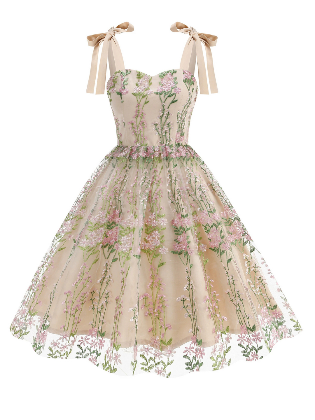 She slips into this 1950s Embroidered Mesh Lace-Up Sweetheart Neck Dress and suddenly it&